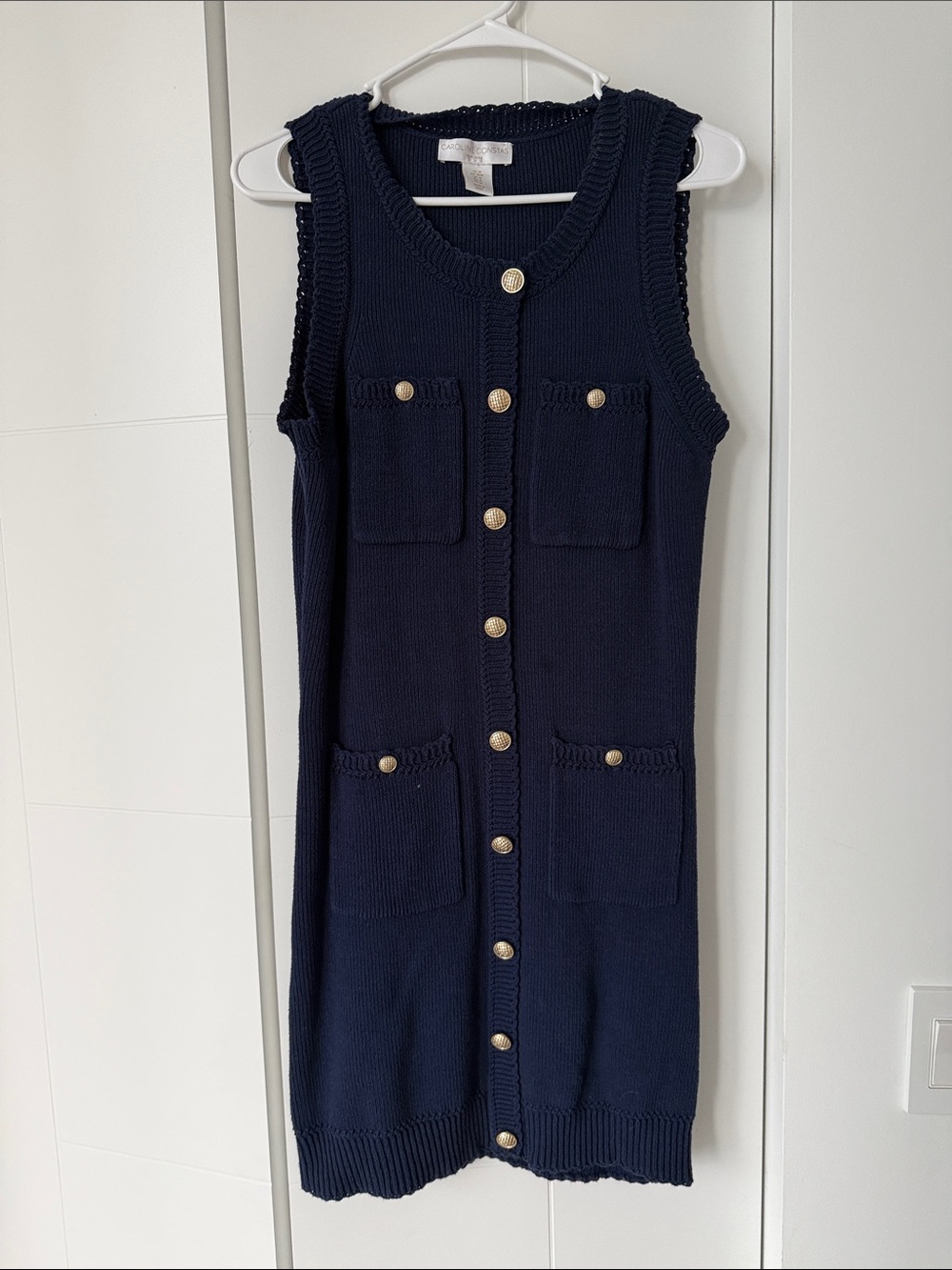 Caroline Constas Navy Sleeveless Knit Button-Front Dress